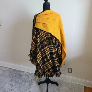 Vintage Boyne Valley Weavers Handmade Wool Plaid Cape Wrap Black Mustard Ireland